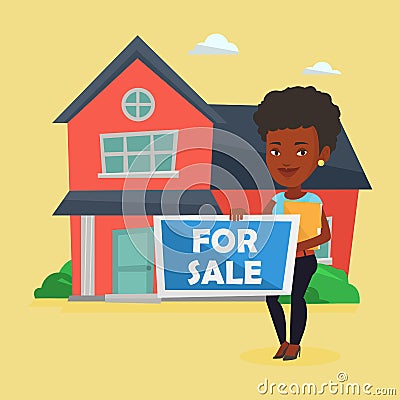 Young female realtor offering house. Vector Illustration