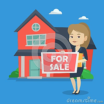 Young female realtor offering house. Vector Illustration