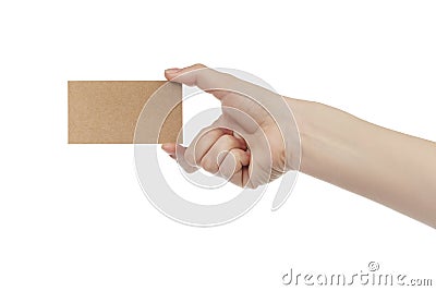 Young female right hand hold blank brown paper card Stock Photo