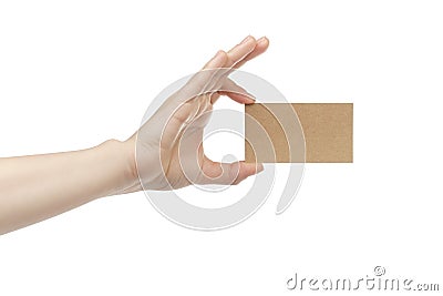 Young female right hand hold blank brown paper card Stock Photo