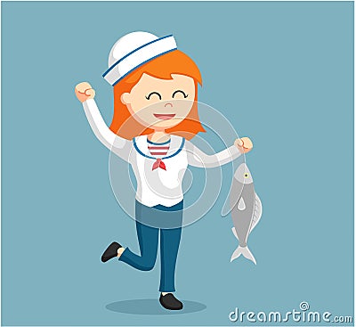 Young female sailor standing with fish Vector Illustration