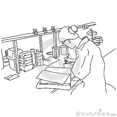 Young female scientist working in the laboratory vector illustration sketch doodle hand drawn with black lines isolated on white Vector Illustration