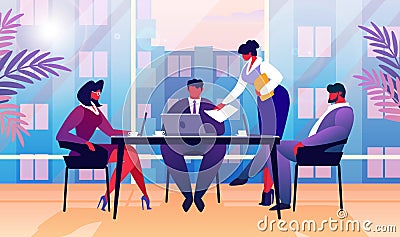 Secretary Giving Paper Document to Boss in Office. Vector Illustration