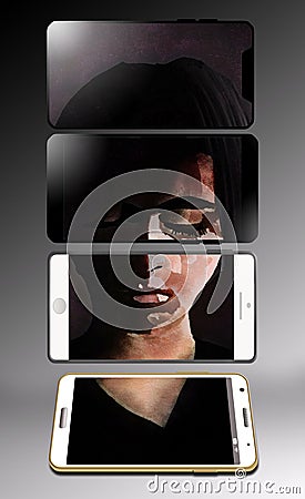 A young female is seen with her photo divided over the screens of four cell phones Cartoon Illustration
