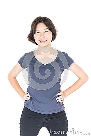 Young female short hair with blank gray t-shirt Stock Photo