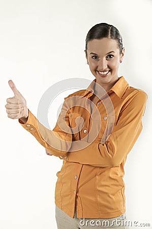 Young female showing success symbol Stock Photo