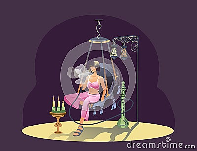 Young female smoking, sitting by candlelight in bar. Concept of tobacco smoking Vector Illustration