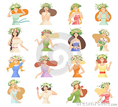 Young Female with Splendid Hair Having Floral Wreath on Her Head Big Vector Set Stock Photo