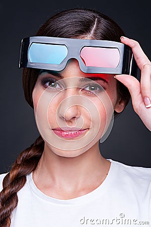 Young female with stereo glasses Stock Photo