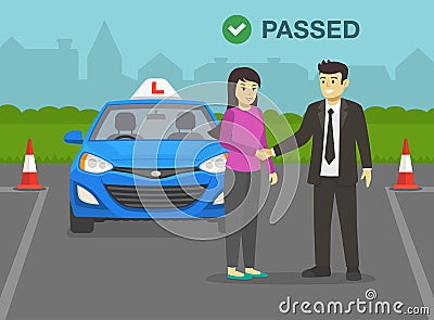 Young female student driver passes practical driving test. Male examiner congratulates and shaking driver`s hand. Vector Illustration