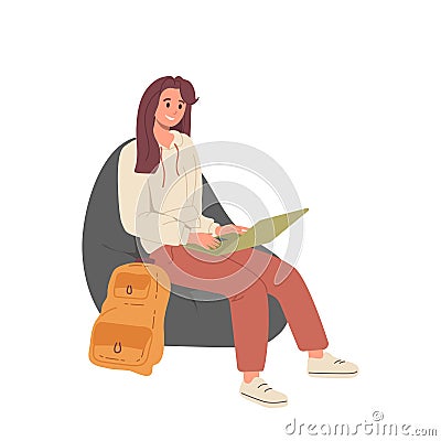 Young female student using laptop computer for education or freelance work vector illustration Vector Illustration