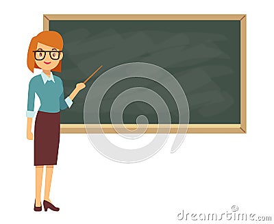 Young female teacher on lesson at blackboard in classroom Vector Illustration