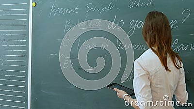 Young female teacher in school classroom talking to class on english lesson. Stock Photo