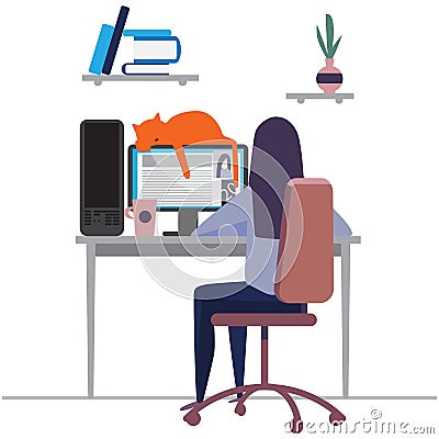 Young female or teenage girl character works on a computer at home. Workaholic. Freelance. study online. Flat design vector eps10 Stock Photo