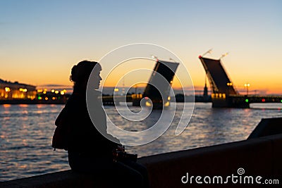 Young female tourist near the Palace Bridge, St. Petersburg Stock Photo