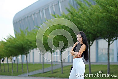 Young female traveler in international airport Stock Photo