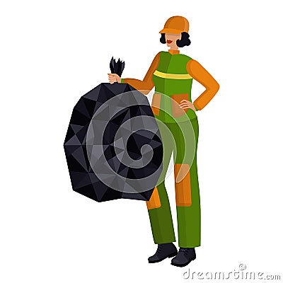 Young female utility worker, janitor, worker, in uniform and cap is holding a bag full of garbage Vector Illustration