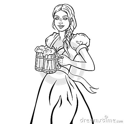 Young female waitress in Bavarian costume dress, holding beer mugs. Isolated, lined, vector illustration. Vector Illustration