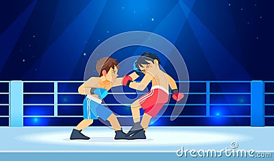 A young fighter or boxer loses and gets hit in the face by a knockdown or knockout in the boxing ring during a fight Vector Illustration