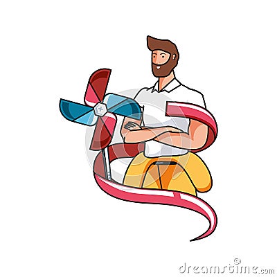 young firefighter with wind toy labor day celebration Cartoon Illustration