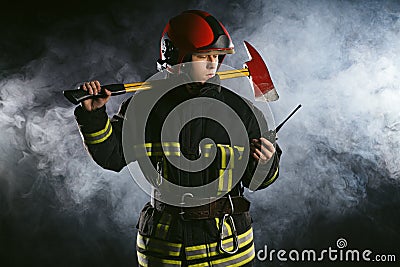 Fireman with walkie talkie Stock Photo