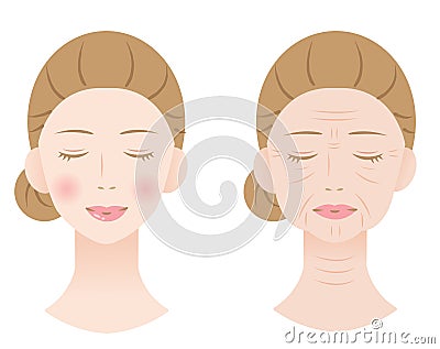 Young firm skin and old winkled skin of woman face. Before and after skin care concept Vector Illustration