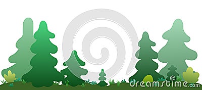 Young firs and pines. Seamless illustration. Summer landscape with plants and meadow. Isolated on white background Vector Illustration