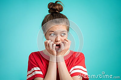 Young fit woman fearing greatly dogs, snakes, mice. Stock Photo