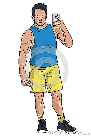 Vector character young fitness man selfie Vector Illustration