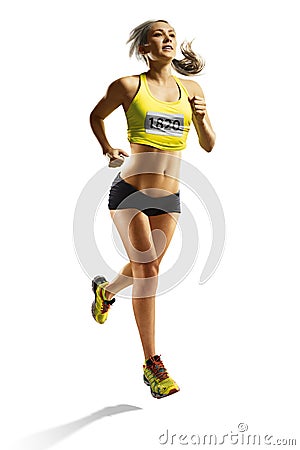 Young fitness woman runner isolated at white Stock Photo