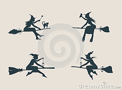 Young flying witch icons set. Witches silhouettes Vector Illustration