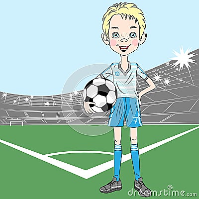 Young football player on the football field Vector Illustration