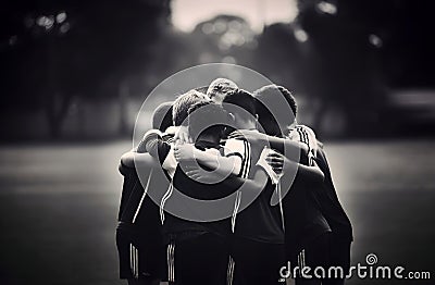 Young football players in a huddle black and white monochrome Stock Photo