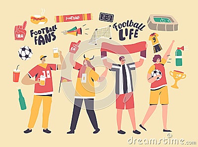 Young Football Supporter Fans Characters Cheering with Flag Watching Soccer Match at Stadium. Friends Group Having Fun Vector Illustration