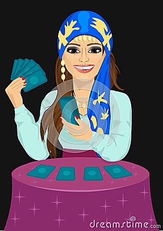 Young fortune teller forecasting future with tarot cards Vector Illustration