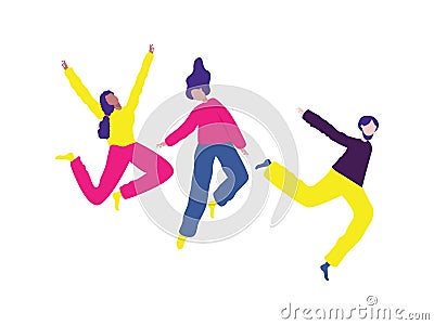 young free jump pose celebrate happiness cheerful leisure relax time with boy and girl wear casual fashionable clothes Vector Illustration