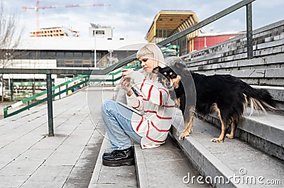 Young freelance expat woman sitting on the stairs of office building drinking coffee and working on laptop computer with her dog Stock Photo