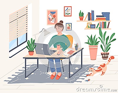 Young freelancer woman working online at her home office Vector Illustration