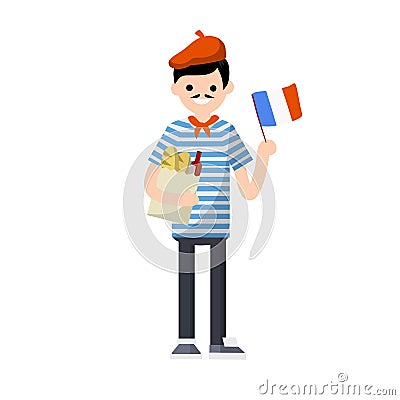 Young French guy in striped t-shirt with red tie. man with flag of France Vector Illustration