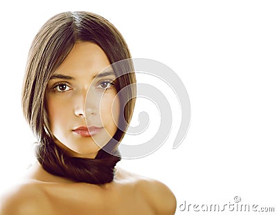 Young fresh brunette tann girl with beauty hairstyle isolated on white closeup, soft spa face Stock Photo