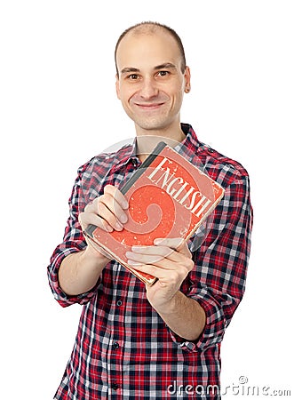 Young friendly student with English Dictionary Stock Photo