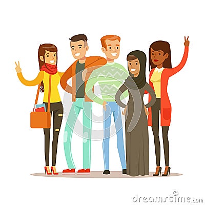 Young Friends From All Around The World Standing Posing For Photo, Happy International Friendship Vector Cartoon Vector Illustration