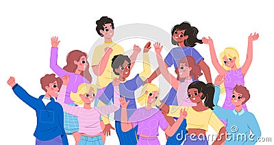 Young friends group portrait. Laughing happy teenagers team, youthful fans or protesters. Positive student community Vector Illustration