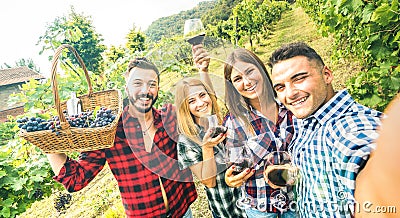 Young friends having fun taking selfie at winery vineyard outdoor - Friendship concept on happy people enjoying harvest together Stock Photo