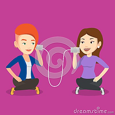 Young friends talking through tin phone. Vector Illustration