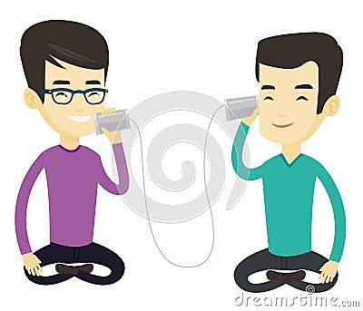 Young friends talking through tin phone. Vector Illustration