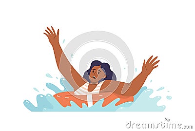 Young frightened sinking woman swimming with rubber ring in water screaming asking for help Vector Illustration