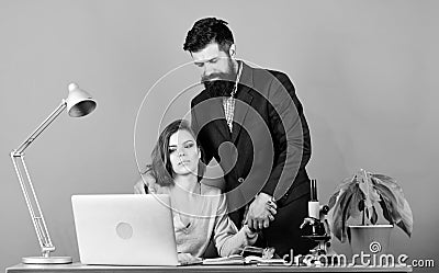 Young and full ideas. Mature teacher and attractive student. Provocation concept. Private lesson. Flirting with teacher Stock Photo