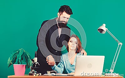 Young and full ideas. Mature teacher and attractive student. Provocation concept. Private lesson. Flirting with teacher Stock Photo