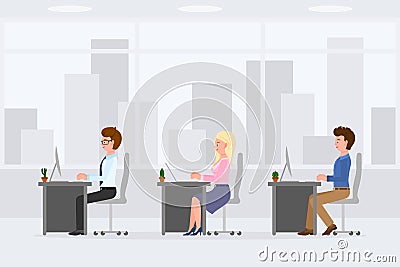 Funny business workers sitting at desk, typing on computer, laptop vector. Man, woman colleagues office interior cartoon character Vector Illustration